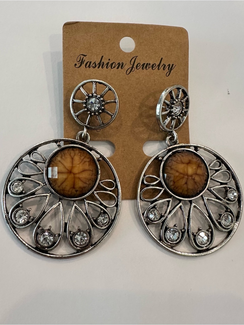 Fashion Jewelry Silver-Tone Earrings with Brown Center